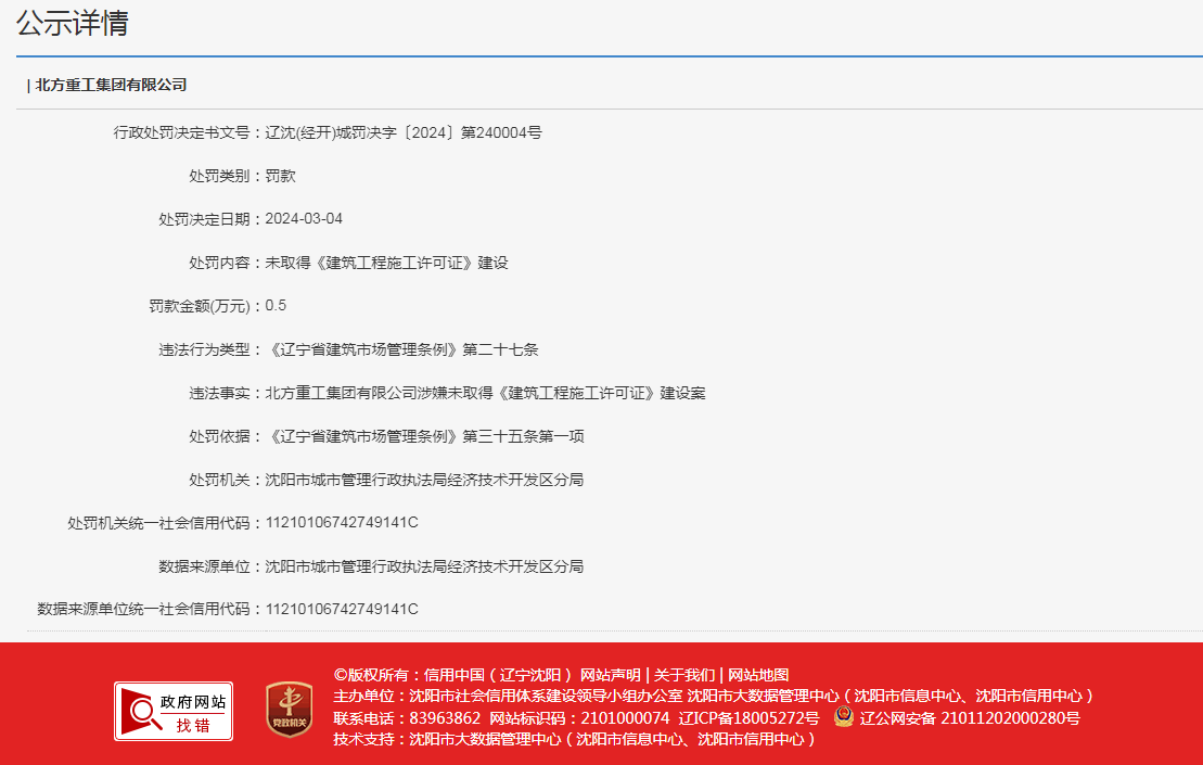 未取得《建筑工程施工许可证》违法建设 北方重工集团有限公司一天内被连罚3次